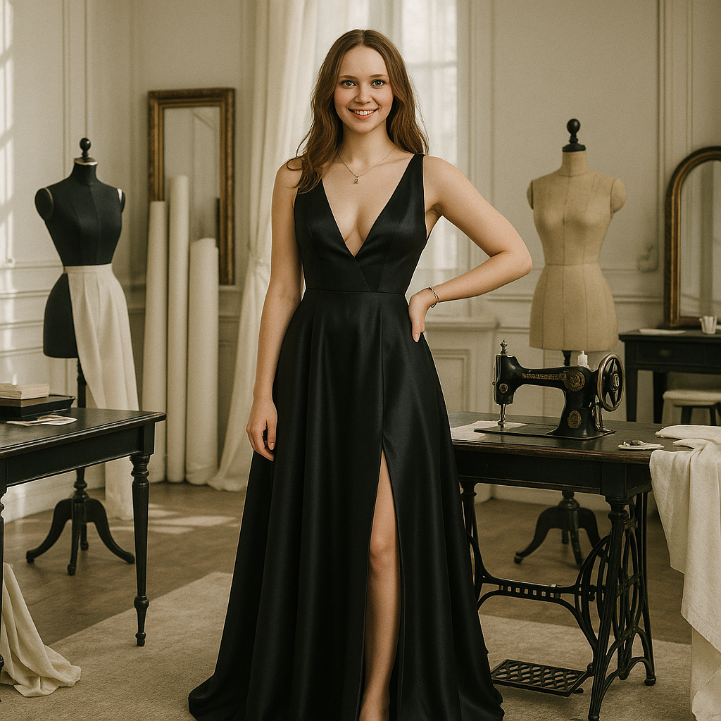 Abendkleid mit tiefem Rückenausschnitt, tiefem V-Ausschnitt und Schlitz aus schwarzem Satin