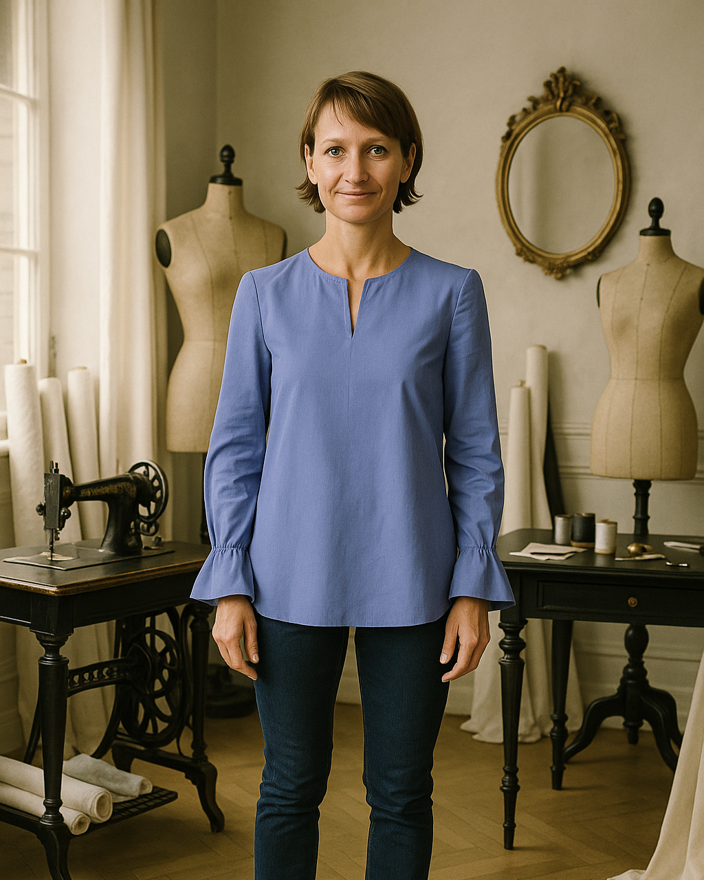 Klassische Bluse aus blauem Baumwollstoff mit Gummizug an den Ärmeln und V-Ausschnitt