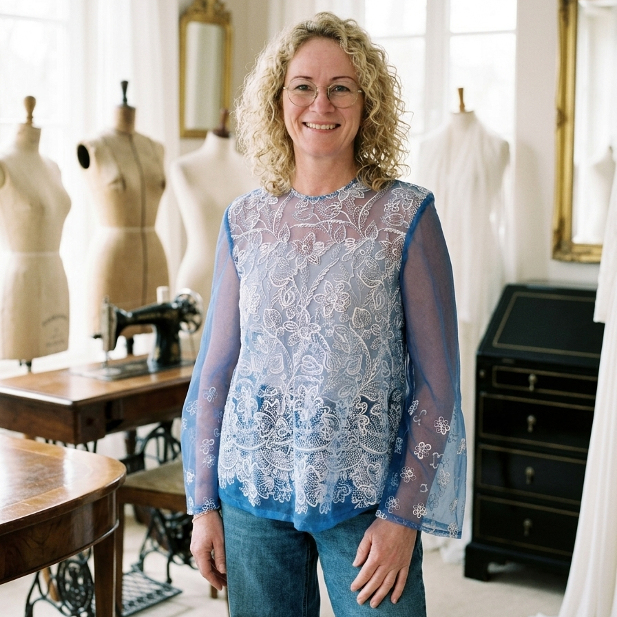 Lockere Bluse aus blauem, mit weißen Blumen besticktem Tüll