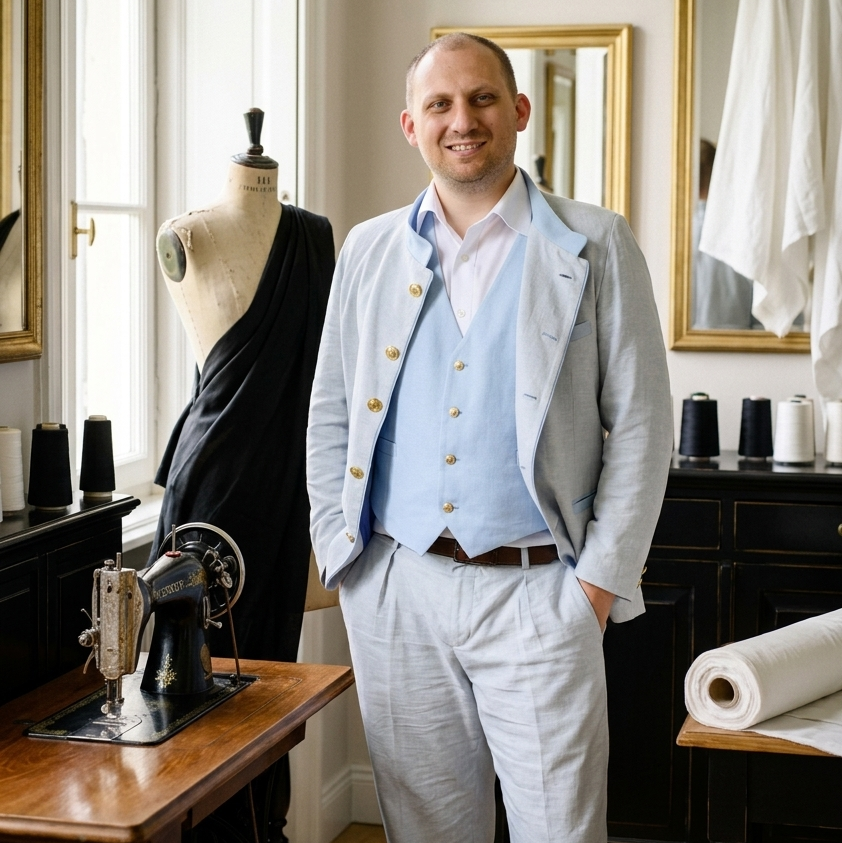Dreiteiliger Hochzeitsanzug aus Leinen: Trachtenjacke mit goldenen Knöpfen aus hellblauem Leinen mit himmelblauen Akzenten, klassische Weste aus himmelblauem Leinen, Anzughose mit Bundfalten und Bügelfalte