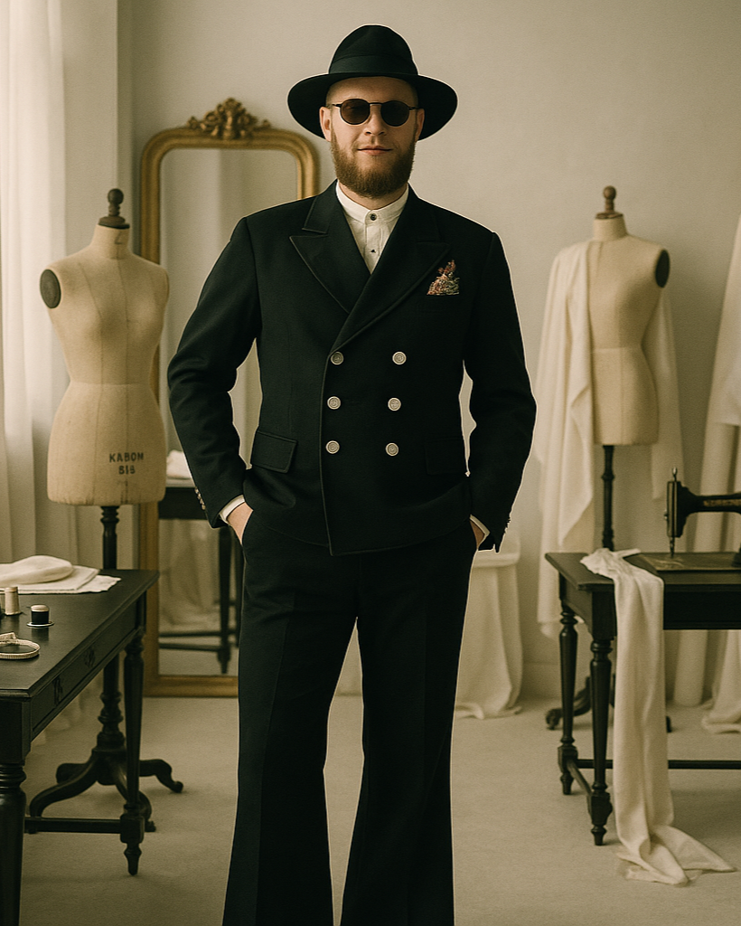Dreiteiliger Hochzeitsanzug im Stil einer Zimmermannskluft. Zweireiher-Sakko mit Leder-Einfassung, Klappentaschen und funktionalem Ärmelschlitz. Zimmermanns-Schlaghose mit Akzenten aus schwarzem Rindsleder. (Auf dem Bild nicht zu sehen: Weste im Stil einer Zimmermanns-Kluft, Zweireiher mit großem Lebensbaum auf dem Rücken (handgestickt)