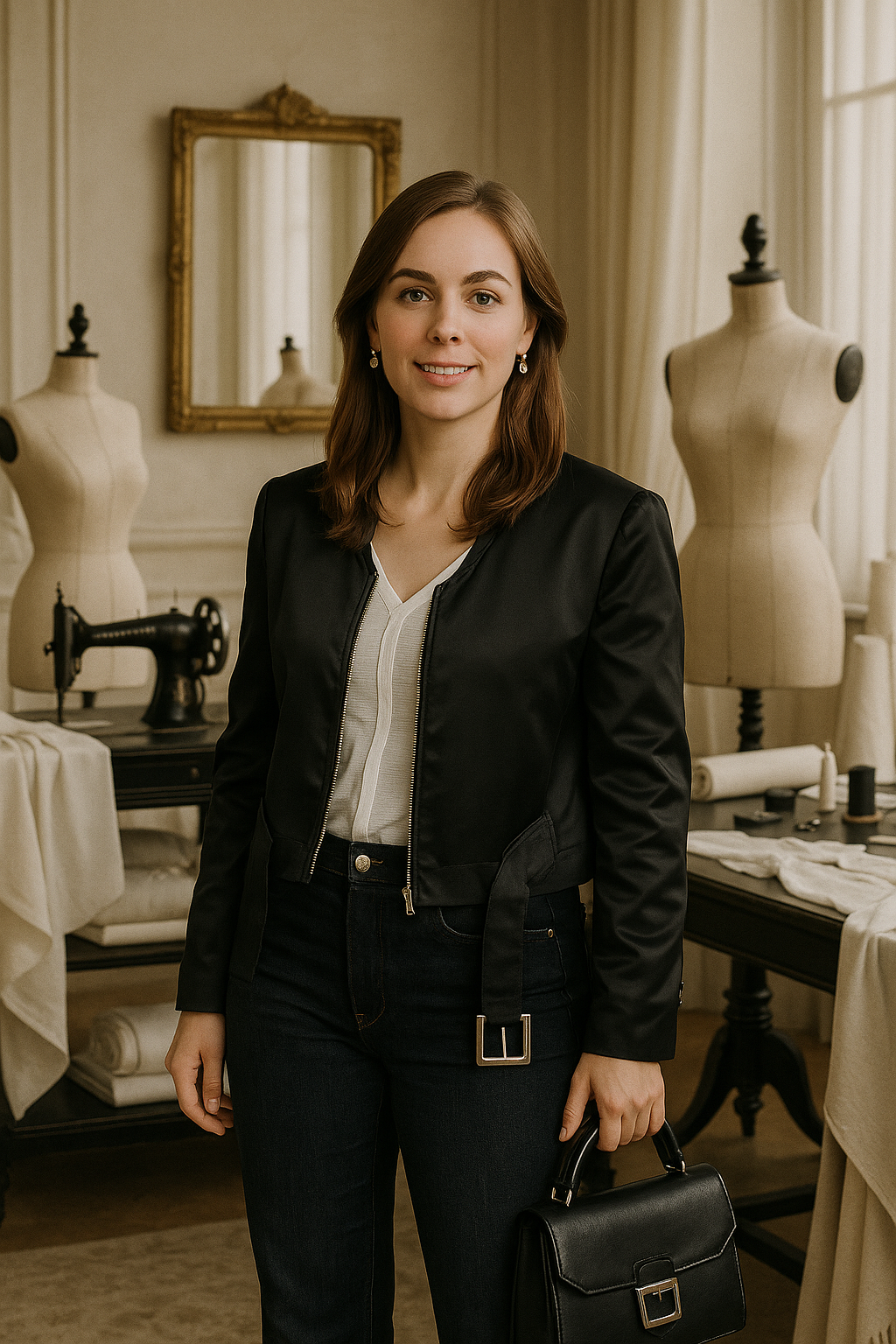 Boxy-Style Jacke mit breitem Gürtel und Reisverschluss aus schwarzem Baumwollköper