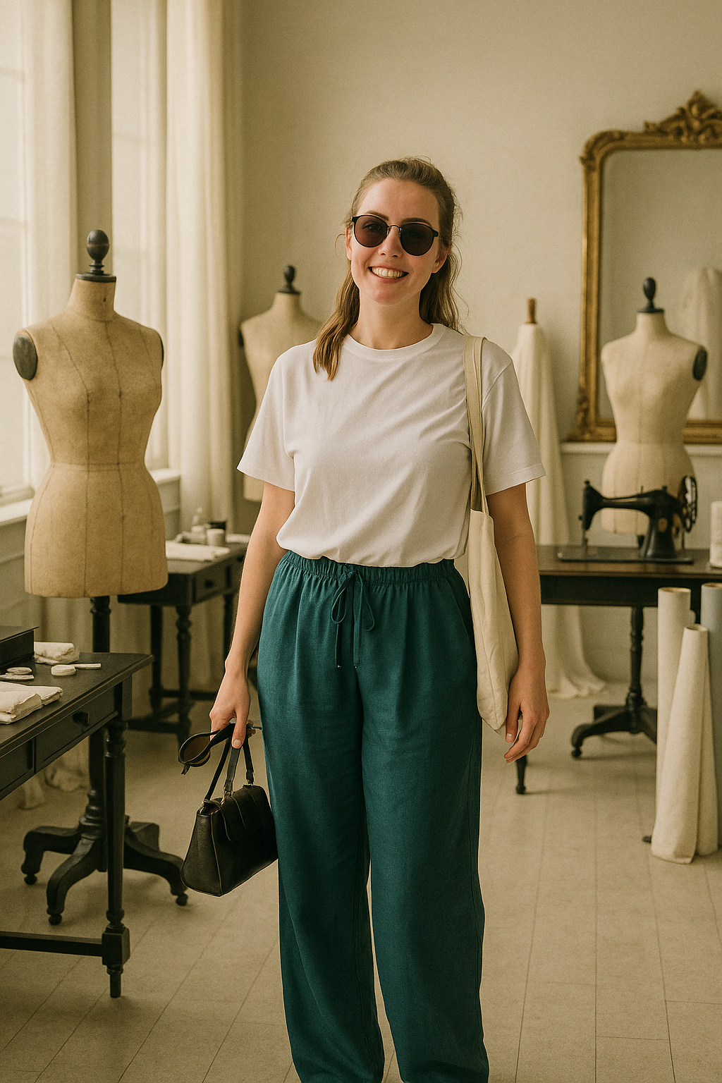 Sommerliche Leinenhose mit weitem Bein, Bundfalten und Gummibund mit Kordelzug
