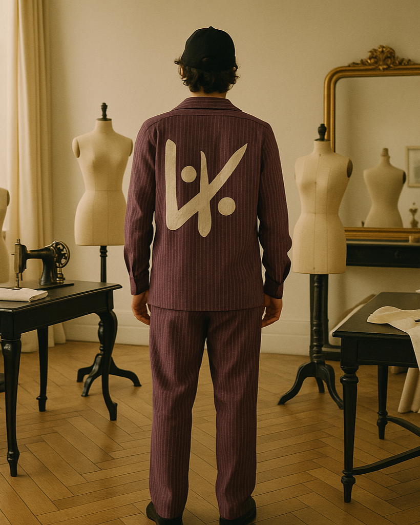 Zweiteiliges Set aus Hemd und Anzughose aus lila Cord. Bestickung an Kragen und Logopatch am Rücken.
