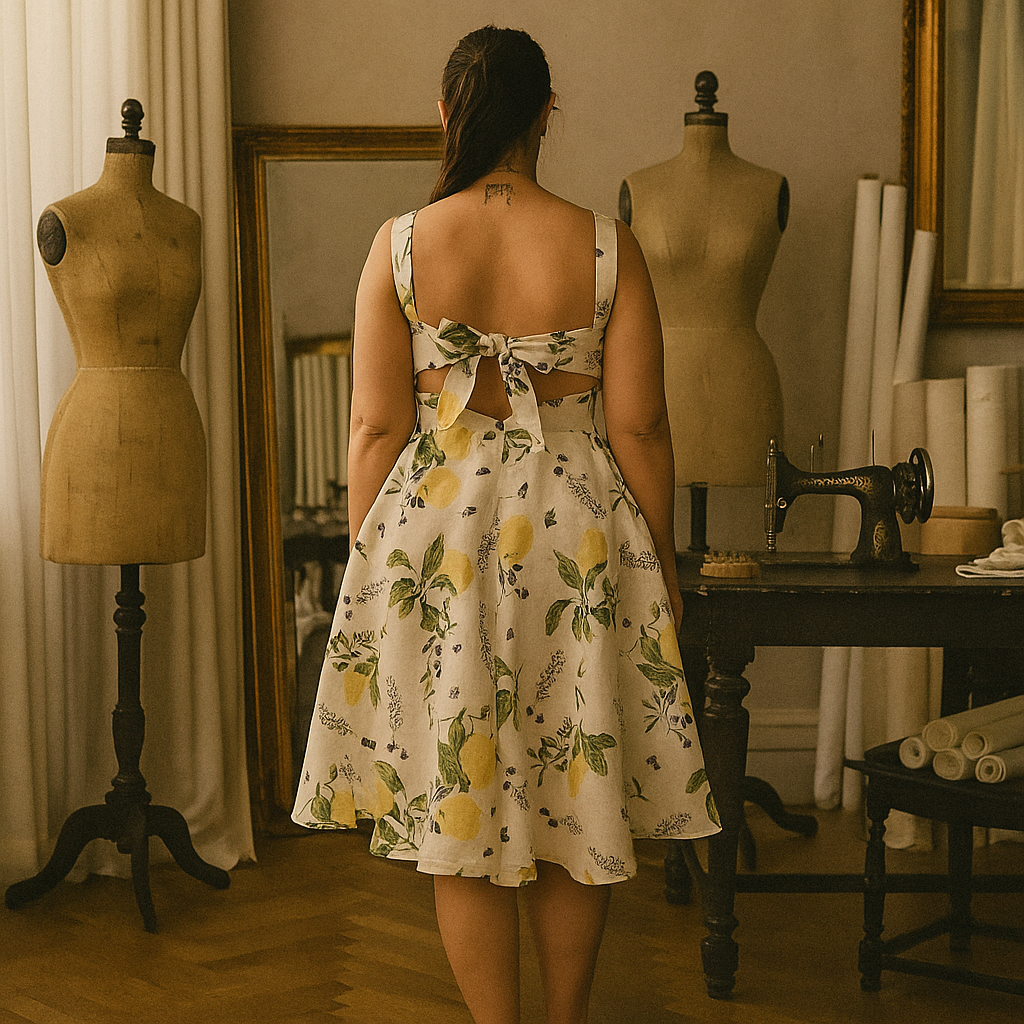 Sommerkleid mit Wienernaht und offenem Rückenausschnitt mit Schleife und Tellerrock aus Baumwollstoff mit Zitronenmuster