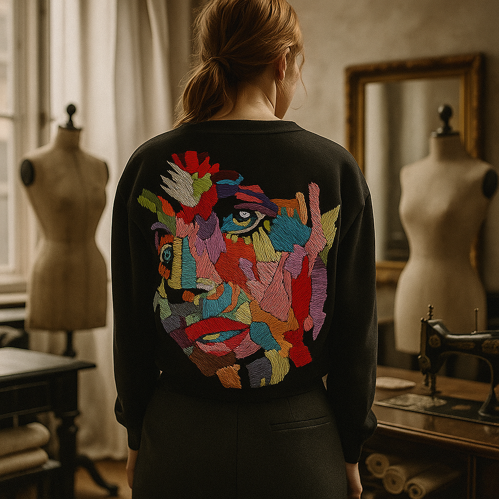 Klassischer Sweater aus schwarzem Baumwoll-Sweatstoff mit XXL buntem, handgestickten, abstrahierten Gesicht auf dem Rücken