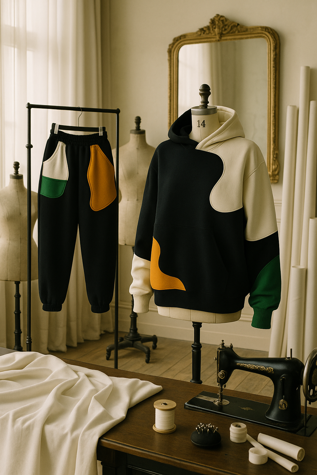Sweatsuit aus Sweatpants und Hoodie in Patchwork-Muster mit bunten Akzentstoffen und großem Logopatch auf dem Rücken