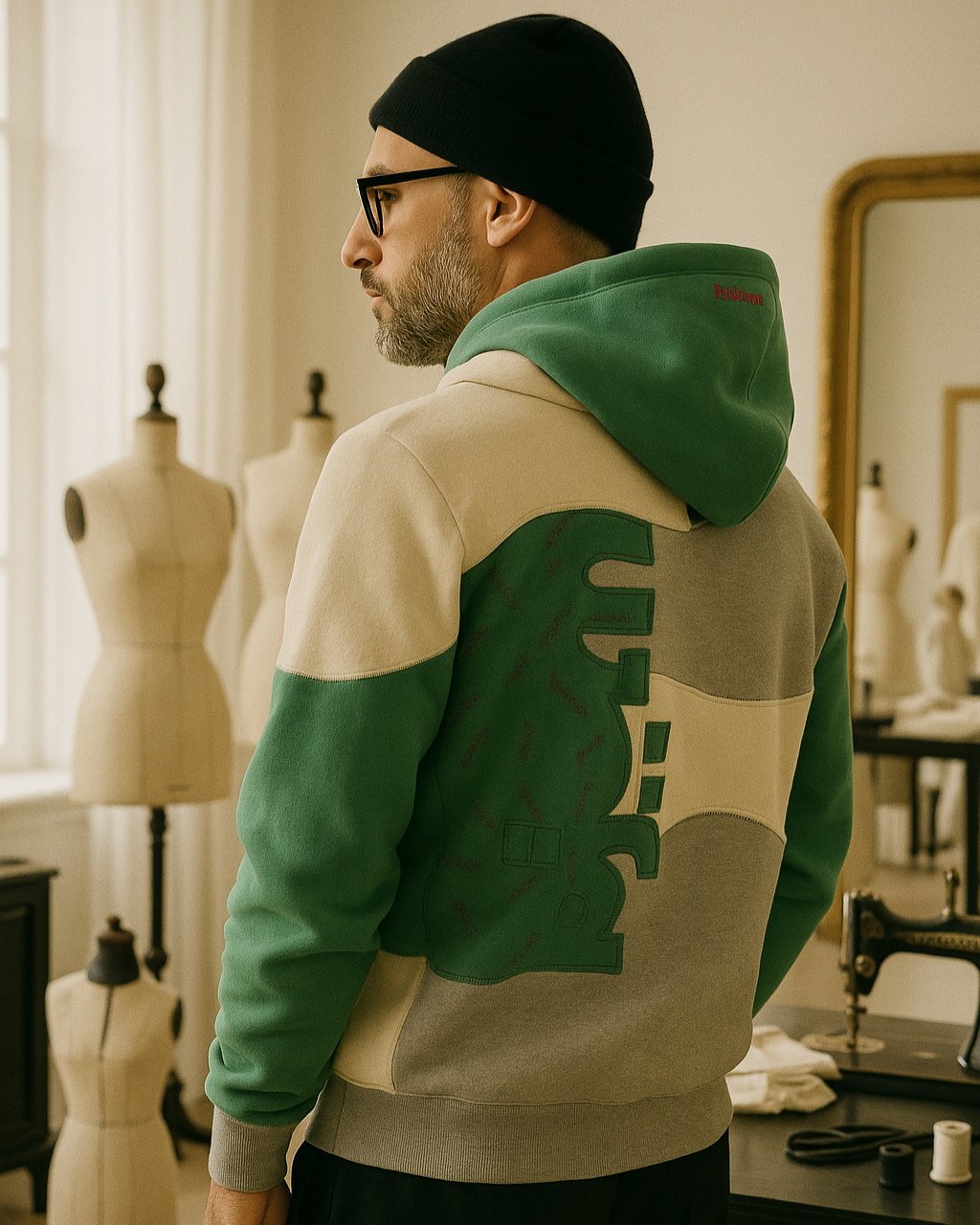 Patchwork Hoodie aus einem alten, sehr geliebten Lieblings-Pulli kombiniert mit weißem und grauem Baumwoll-Sweatstoff 