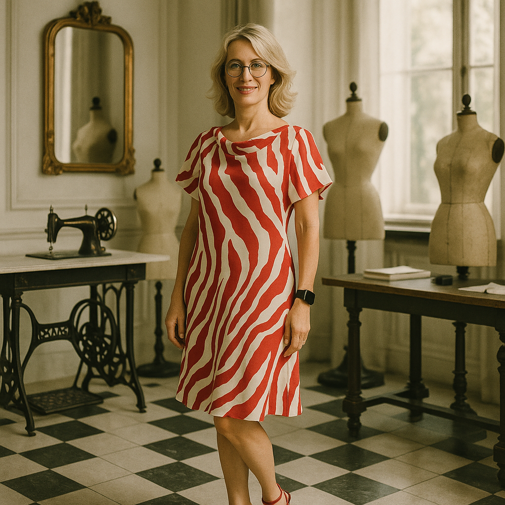 Kleid mit Wasserfallkragen und Tulpenärmeln in rot-weiß gemustertem Stoff